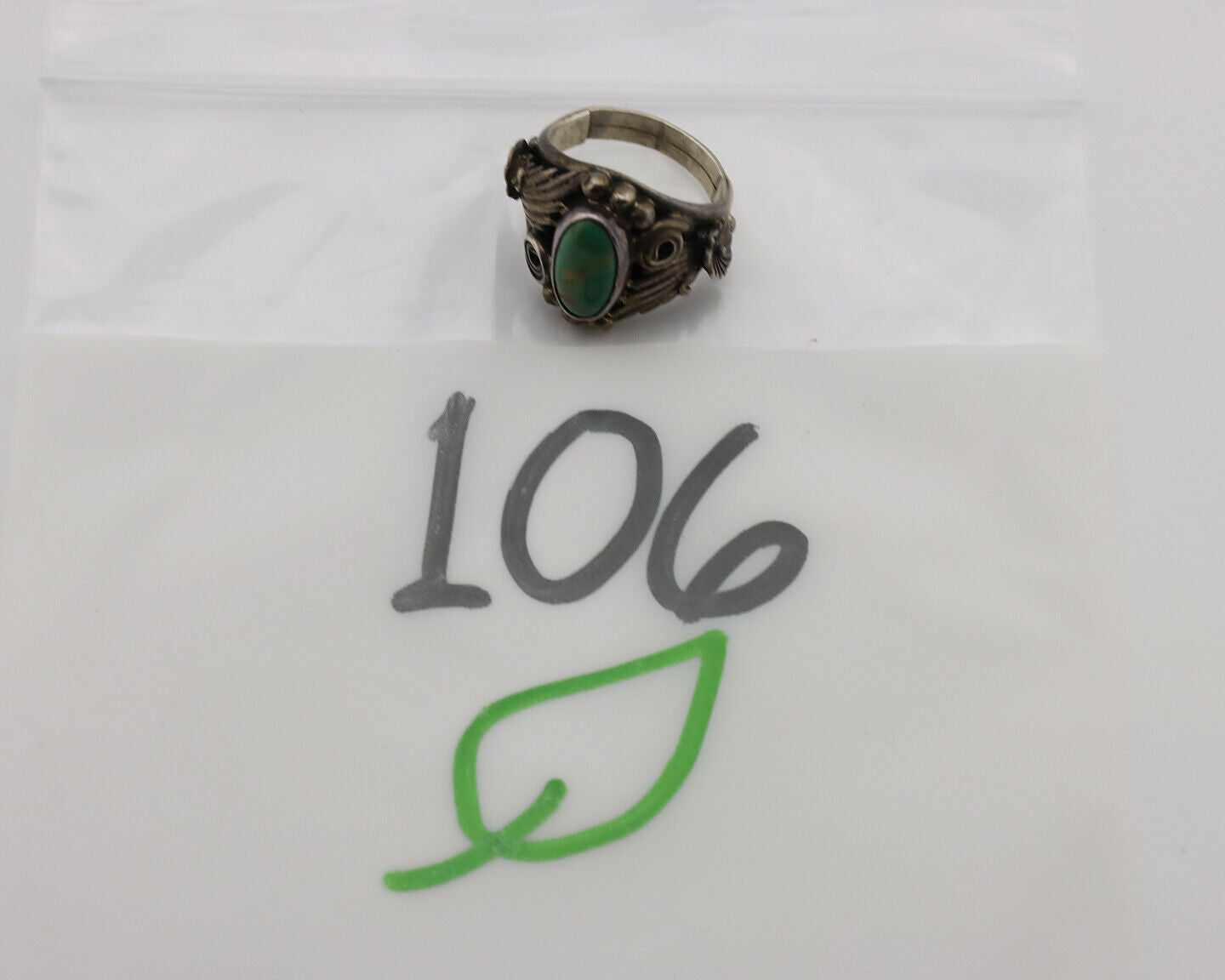 Navajo Ring .925 Silver Green Turquoise Native American Artist C.1980's