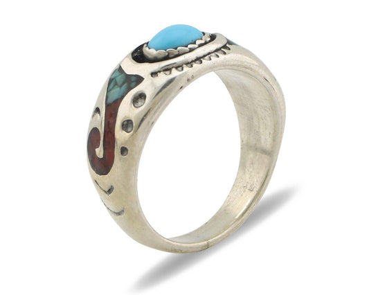 Navajo Handmade Ring 925 Silver Blue Turquoise & Coral Native American Artist