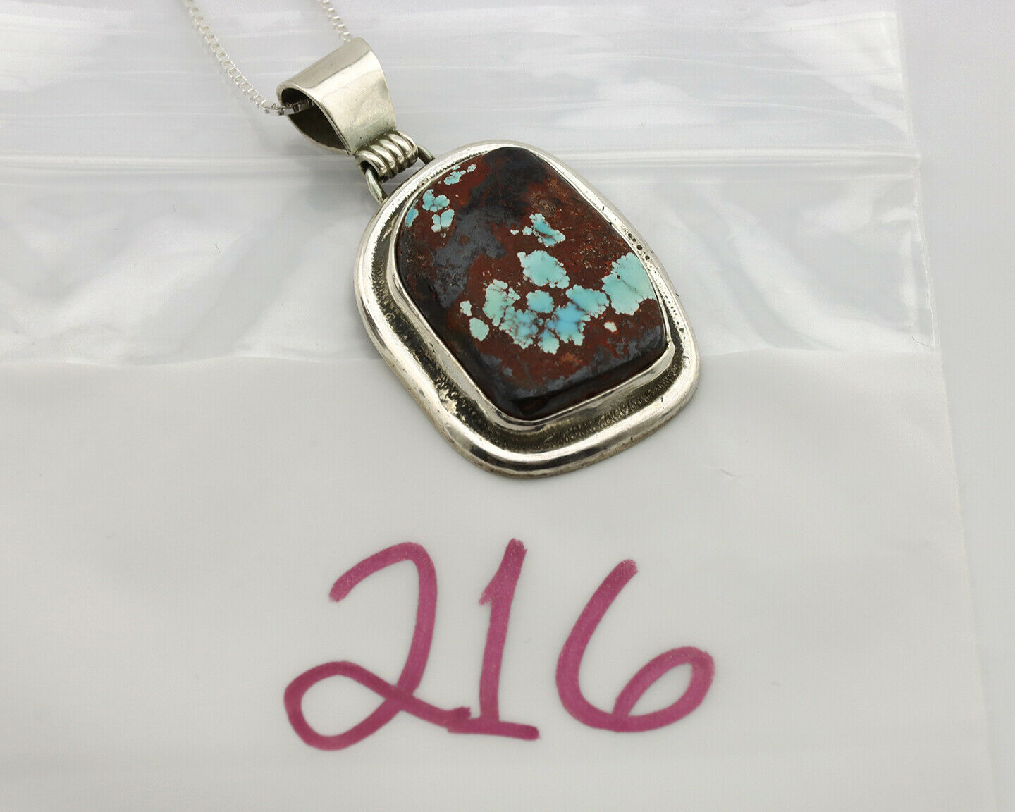 Navajo Necklace .925 Silver Painted House Turquoise Signed Sun C.1980's