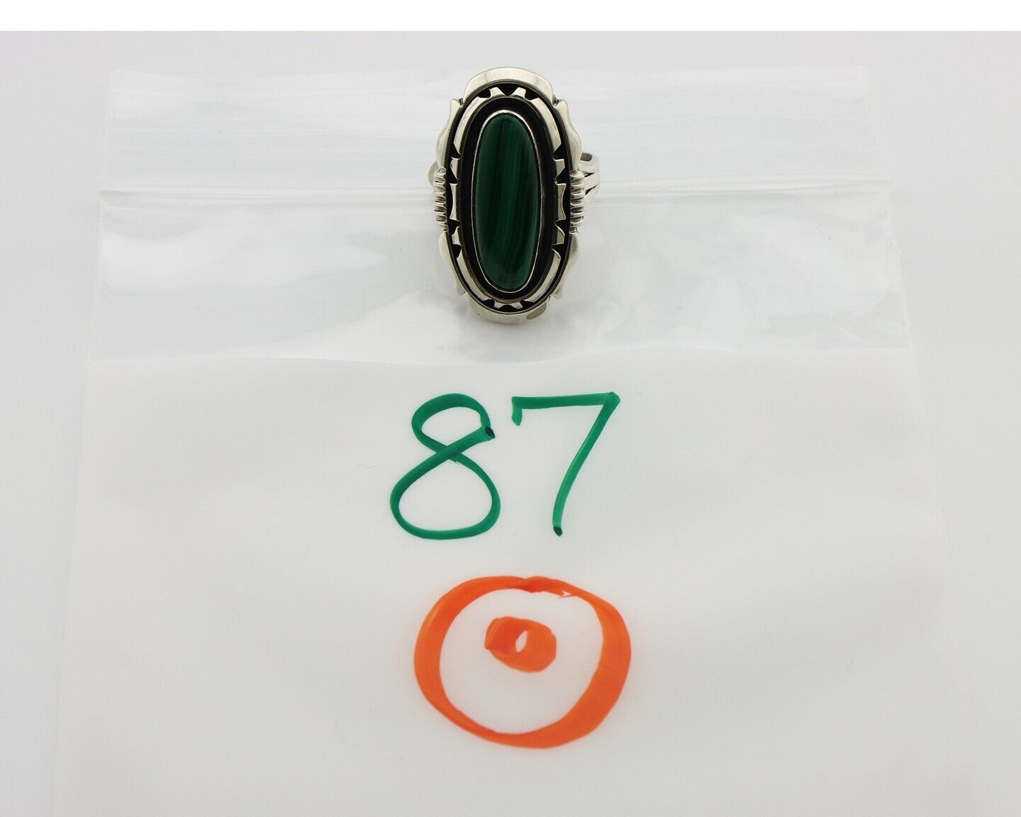 Navajo Ring .925 Silver Malachite Hand Stamped Signed William Denetdale C.80's