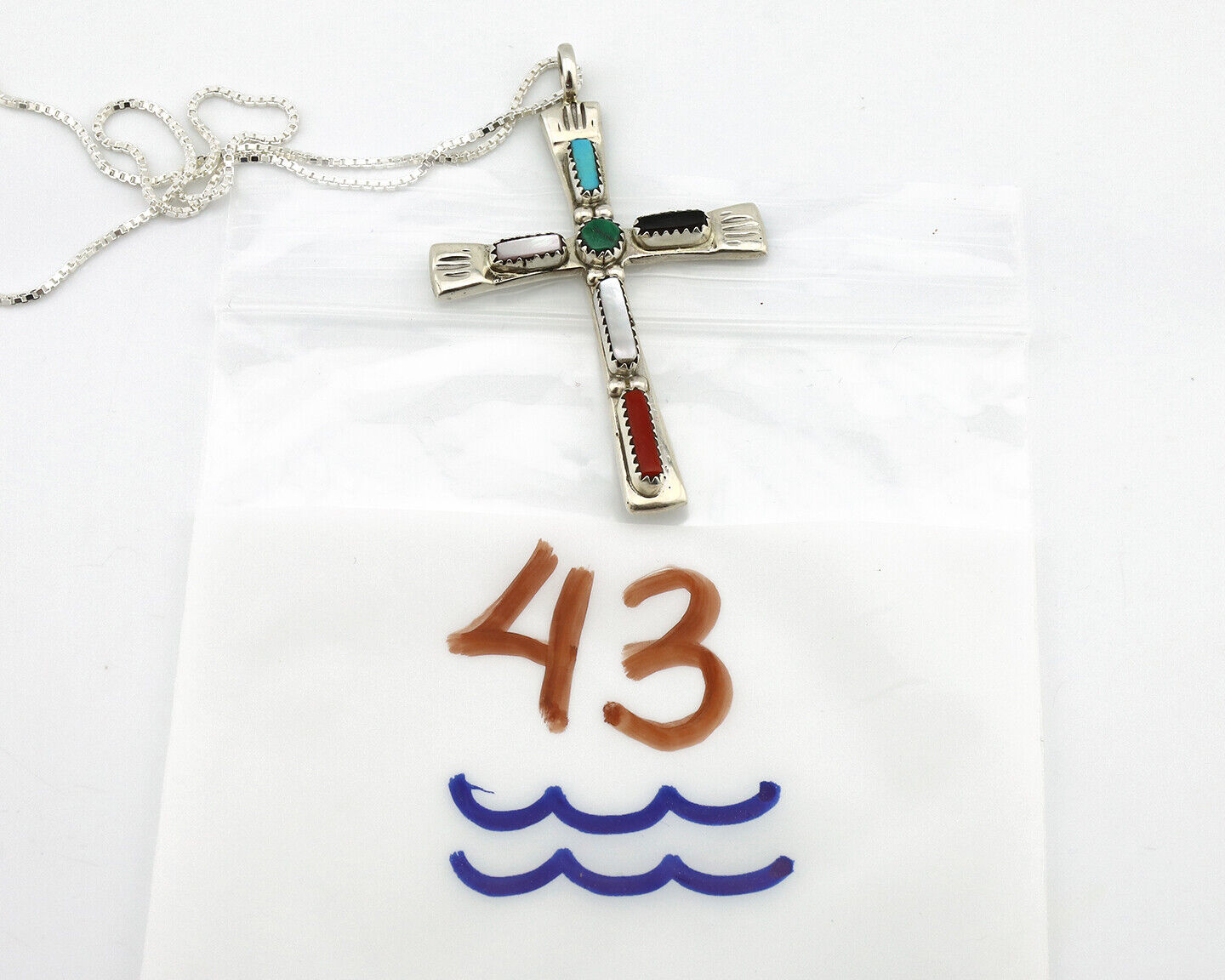 Zuni Handmade Cross Necklace 925 Silver Natural Gemstone Signed C. IULE C.80's