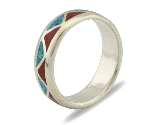 Navajo Ring 925 Silver Natural Turquoise & Coral Native American Artist C.80's