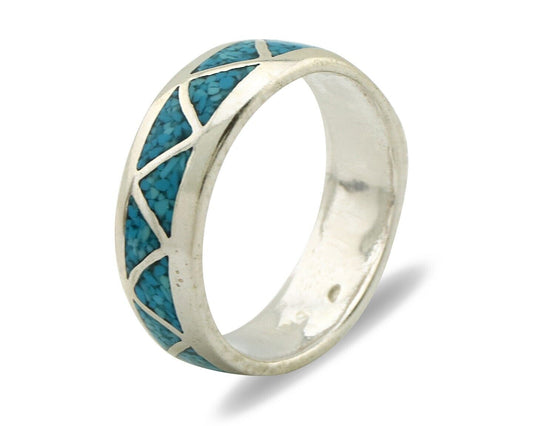 Navajo Chip Inlay Ring 925 Silver Sleeping Beauty Turquoise Artist Silver Cloud