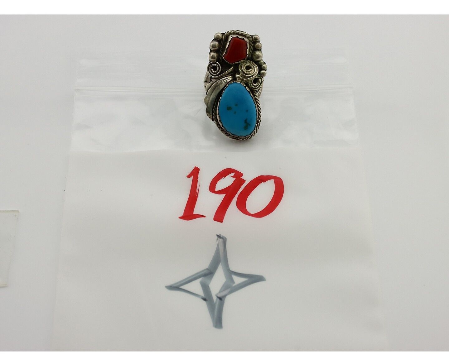 Navajo Ring 925 Silver Blue Turquiose & Coral Artist Signed Justin Morris C.80's