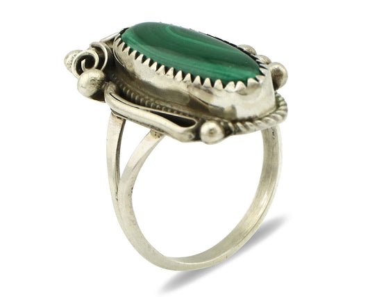 Navajo Ring 925 Silver Natural Green Malachite Signed Justin Morris C.80's