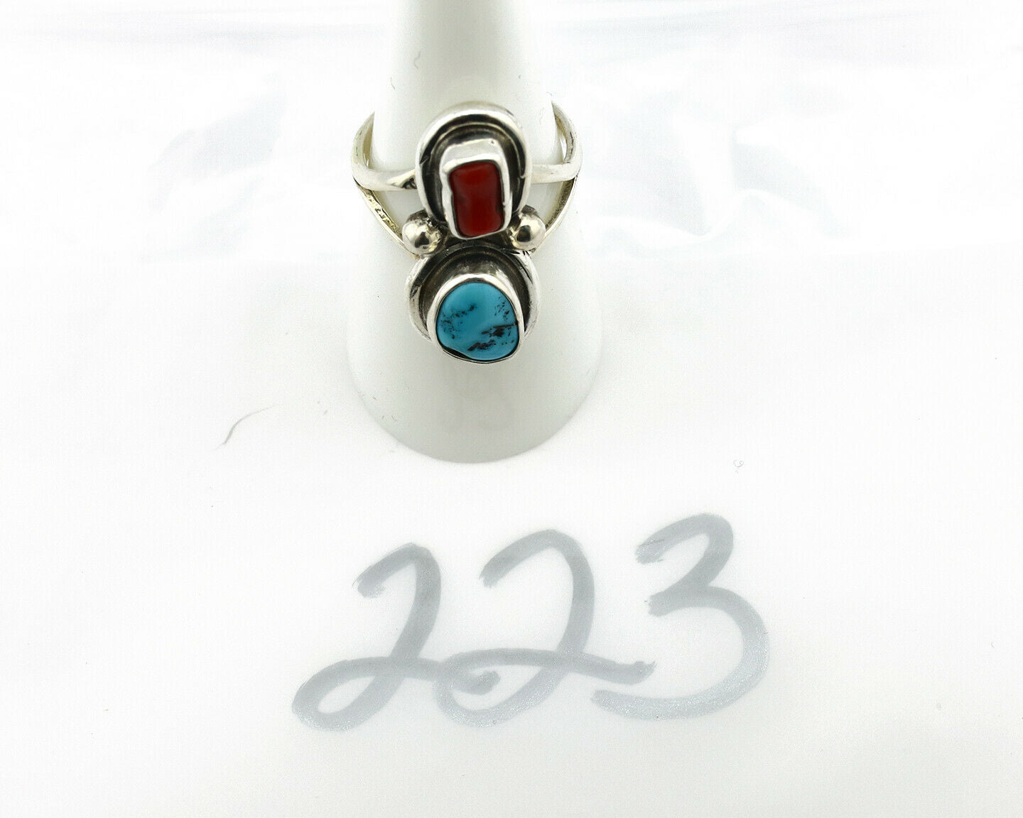 Navajo Ring .925 Silver Red Coral & Blue Turquoise Native Artist C.80's