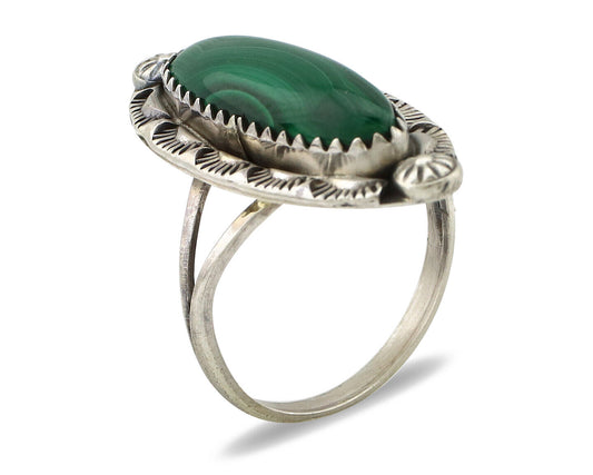 Navajo Ring 925 Silver Natural Malachite Artist Native American Signed H C.80's