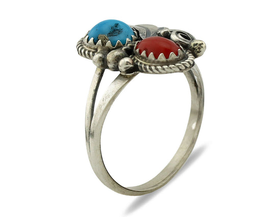 Navajo Ring .925 Silver Morenci Turquoise & Coral Native Artist Signed JM C.80's