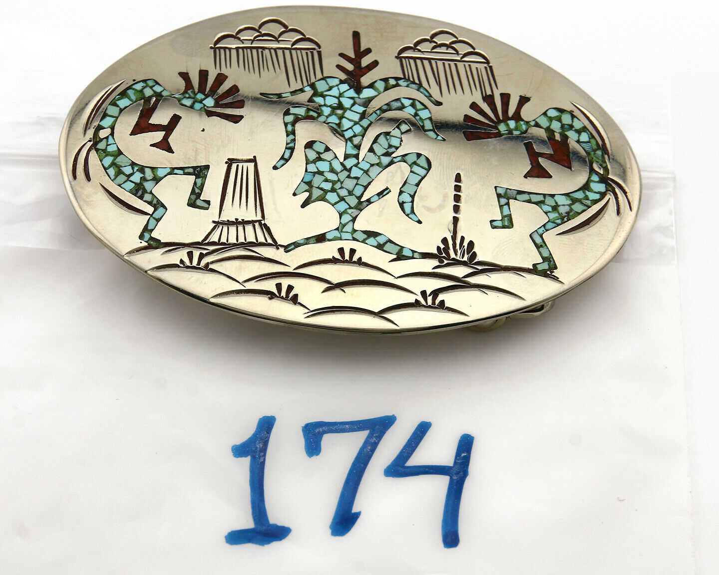 Navajo Belt Buckle .999 Nickle Silver Turquoise Coral Signed SD C.80's