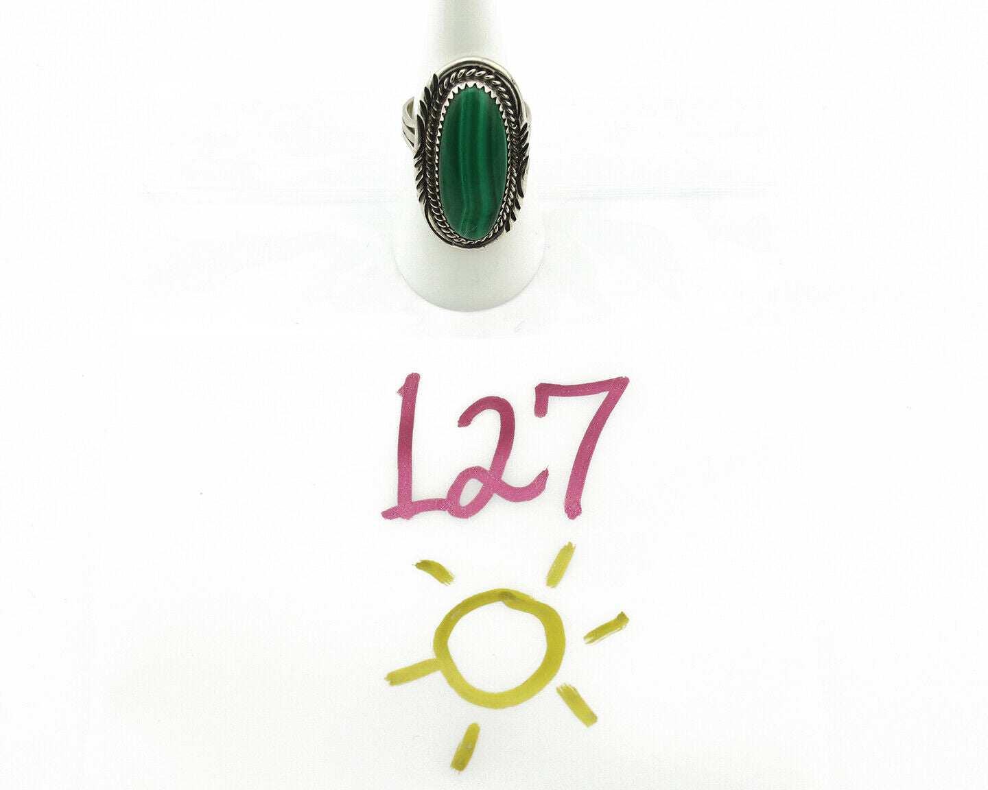 Navajo Ring 925 Silver Natural Green Malachite Signed William Denetdale C.80's