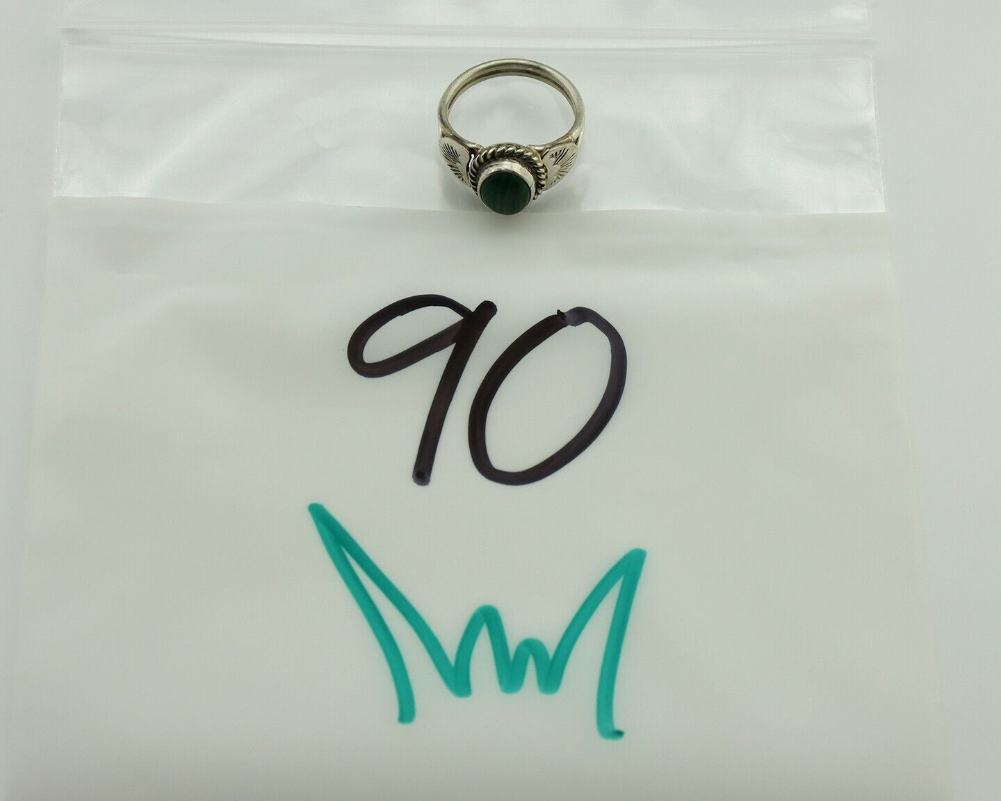 Navajo Ring 925 Silver Natural Mined Malachite Native American Artist C.80's