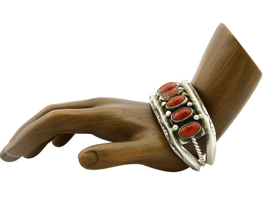 Navajo Bracelet .925 Silver Natural Calibrated Coral Old Pawn Handmade Cuff C80s