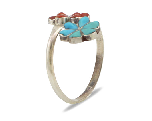 Zuni Flower Ring 925 Silver Turquoise & Coral Native American Artist C.80's