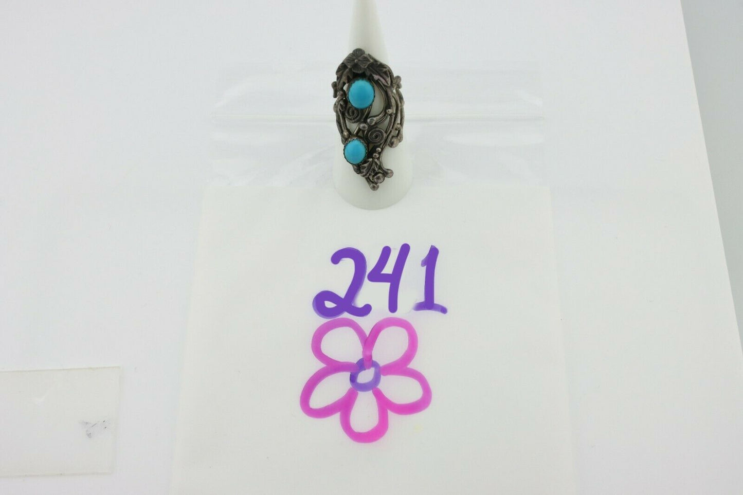 Navajo Ring .925 Silver Sleeping Beauty Turquoise Signed Prairie Fire C.80's