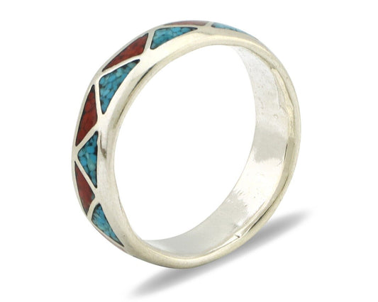 Navajo Chip Inlay Ring 925 Silver Sleeping Beauty Turquoise & Coral Silver Cloud