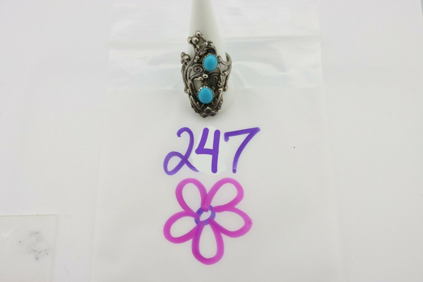 Navajo Ring .925 Silver Sleeping Beauty Turquoise Signed Prairie Fire C.80's