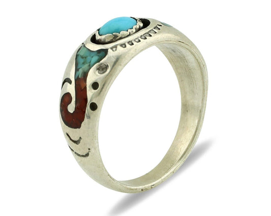 Navajo Handmade Ring 925 Silver Blue Turquoise & Coral Native American C.80's