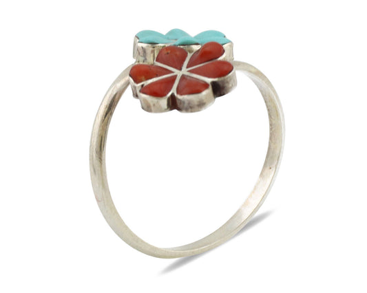 Zuni Flower Ring 925 Silver Turquoise & Coral Native American Artist C.80's