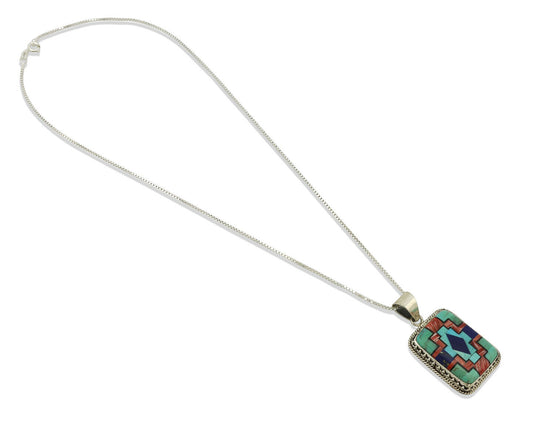 Navajo Handmade Inlaid Gemstone Pendant .925 Silver Signed SN C.80's