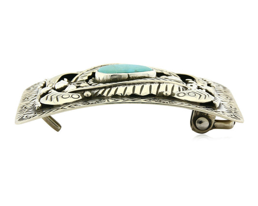Navajo Belt Buckle .925 Silver Morenci Turquoise Artist Signed Tipi C.80's
