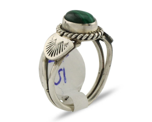 Navajo Ring .925 Silver Malachite Hand Stamped Native American Artist C.80's