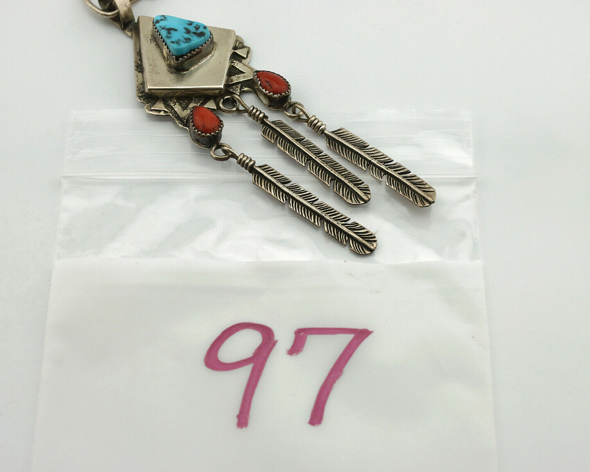 Navajo Necklace .925 Silver Red Coral & Turquoise Signed G C.1977