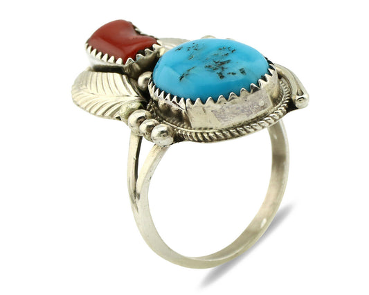Navajo Ring .925 Silver Turquoise & Coral Artist Signed Justin Morris C.1980's