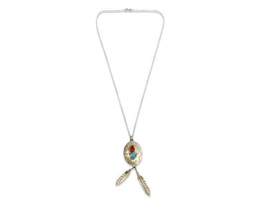 Navajo Pendant .925 Silver Turquoise & Coral Artist Signed ES C.80's