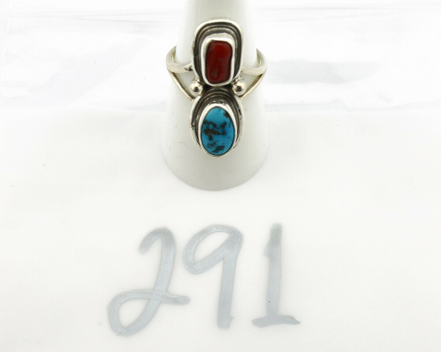 Navajo Ring .925 Silver Blue Turquoise & Red Coral Native American Artist C.80's