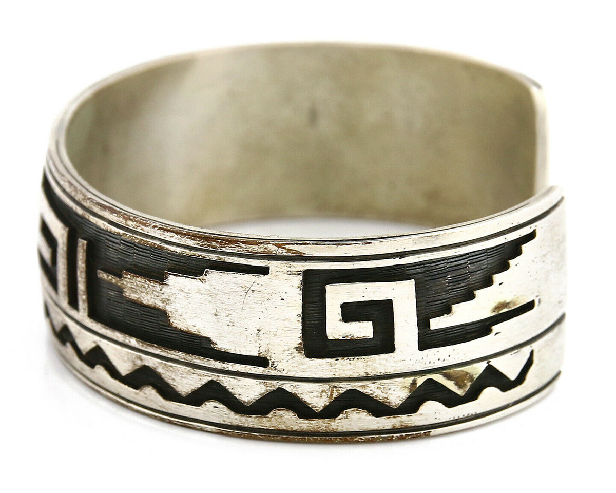 Hopi Bracelet .925 Silver Hand Stamped Overlay Signed RY C.80's