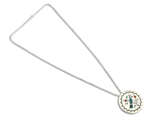 Women's Navajo Pendant Pin Inlaid Gemstone Carved .925 Silver Artist RB
