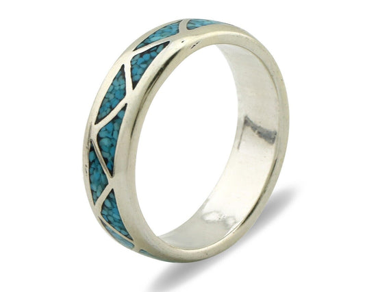 Navajo Chip Inlay Ring 925 Silver Sleeping Beauty Turquoise Artist Silver Cloud