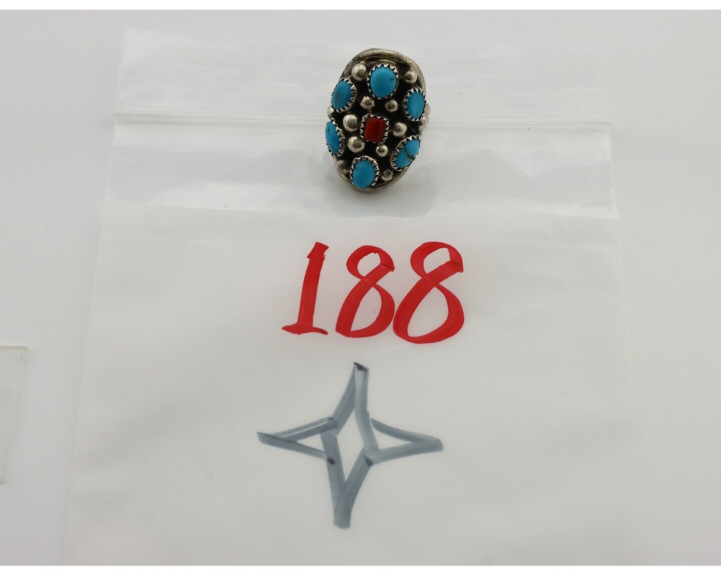 Navajo Ring 925 Silver Blue Turquiose & Coral Artist Signed Elgin Hoskey C.80's