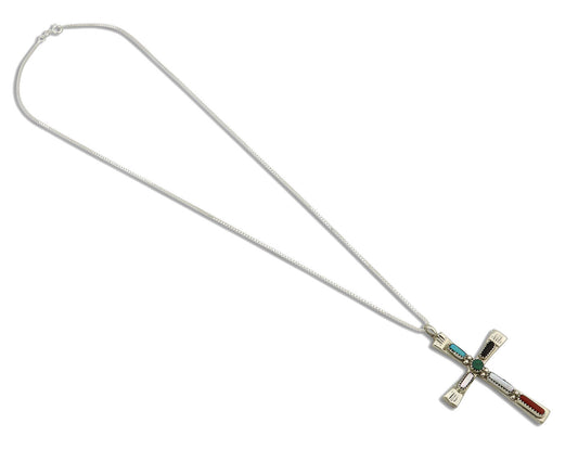 Zuni Handmade Cross Necklace 925 Silver Natural Gemstone Signed C. IULE C.80's