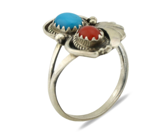 Navajo Ring .925 Silver Morenci Turquoise & Coral Native Artist Signed JM C.80's