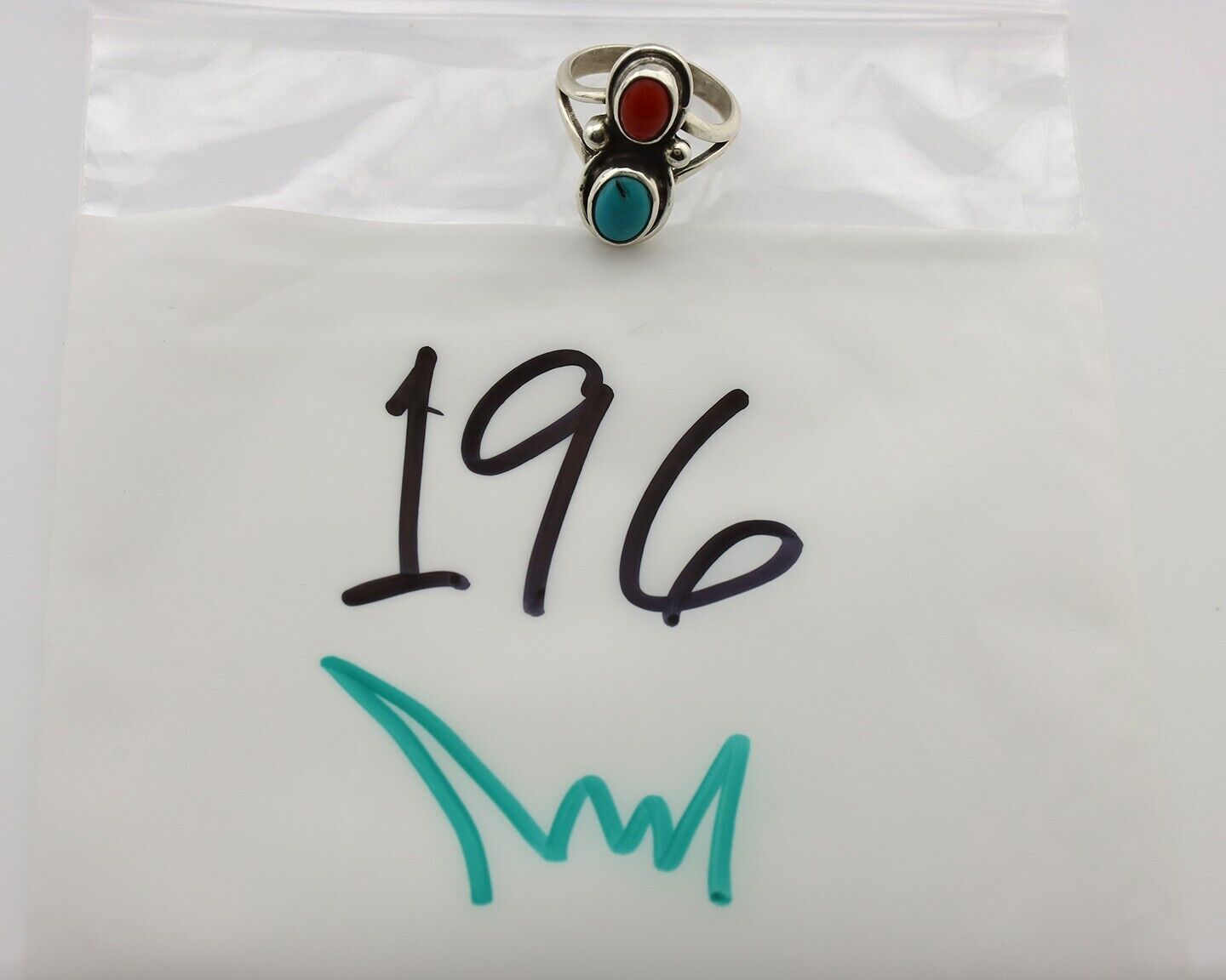 Navajo Handmade Ring 925 Silver Coral & Turquoise Native American Artist C.80's