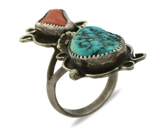 Navajo Ring .925 Silver Turquoise & Coral Native American Artist C.1980's