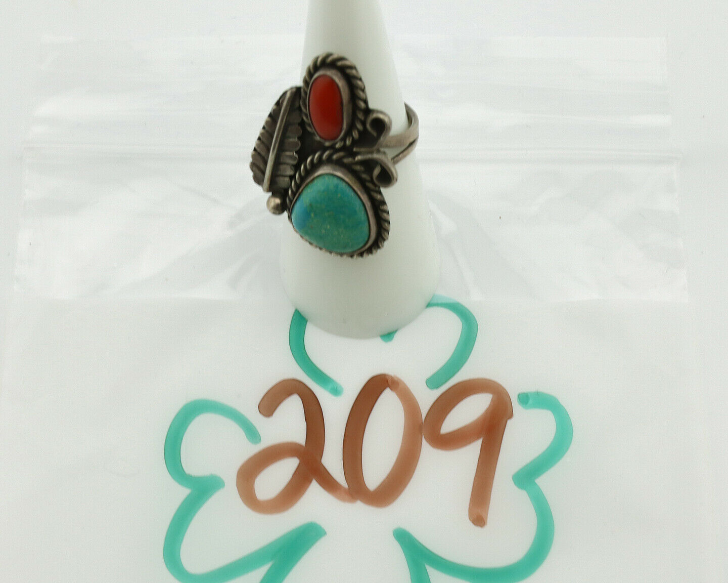 Navajo Ring .925 Silver Turquoise & Coral Native American Artist C.1975's