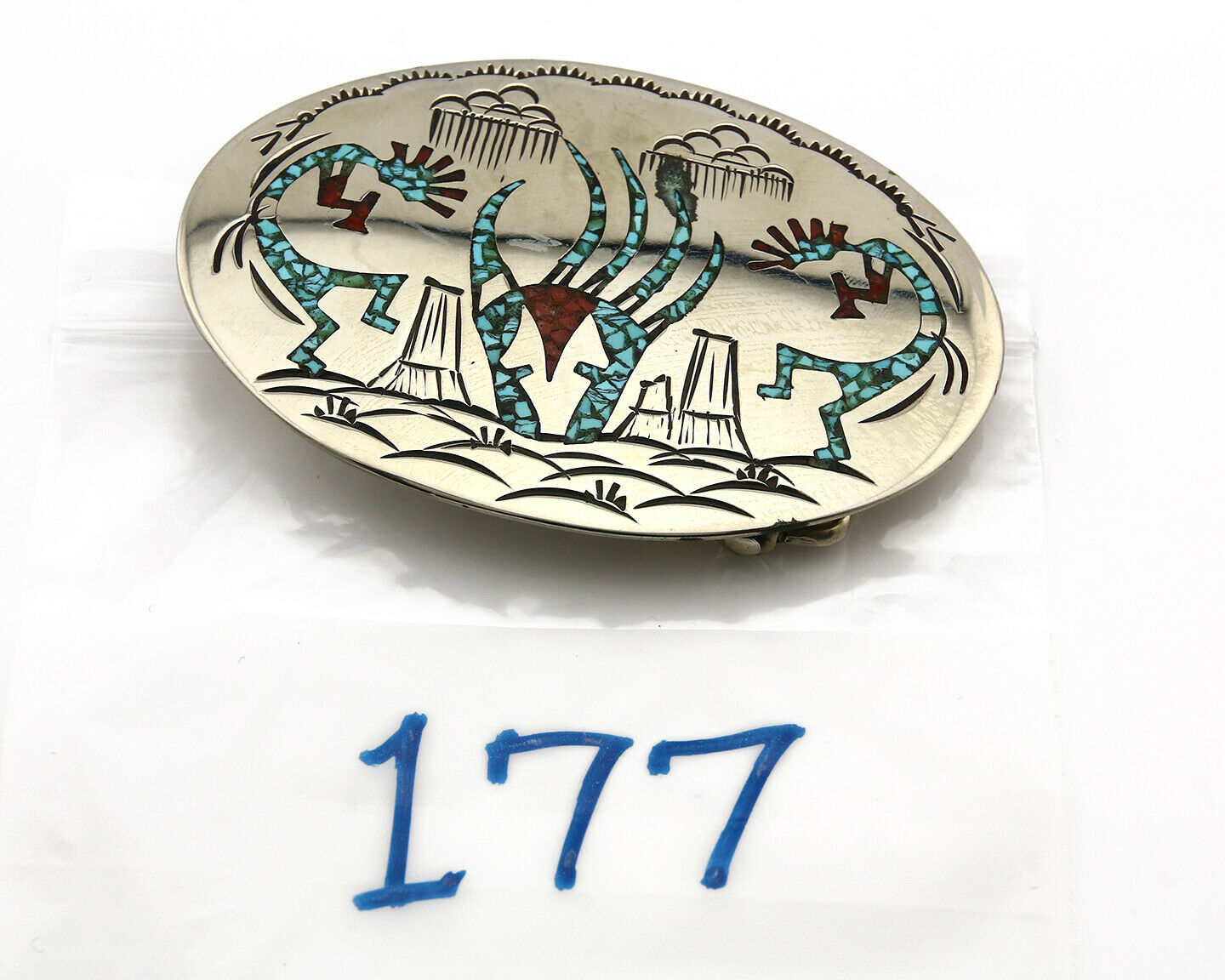 Navajo Belt Buckle .999 Nickle Silver Turquoise Coral Signed SD C.80's