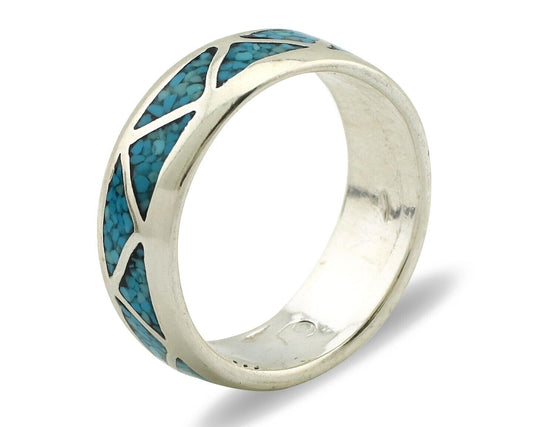 Navajo Chip Inlay Ring 925 Silver Sleeping Beauty Turquoise Artist Silver Cloud