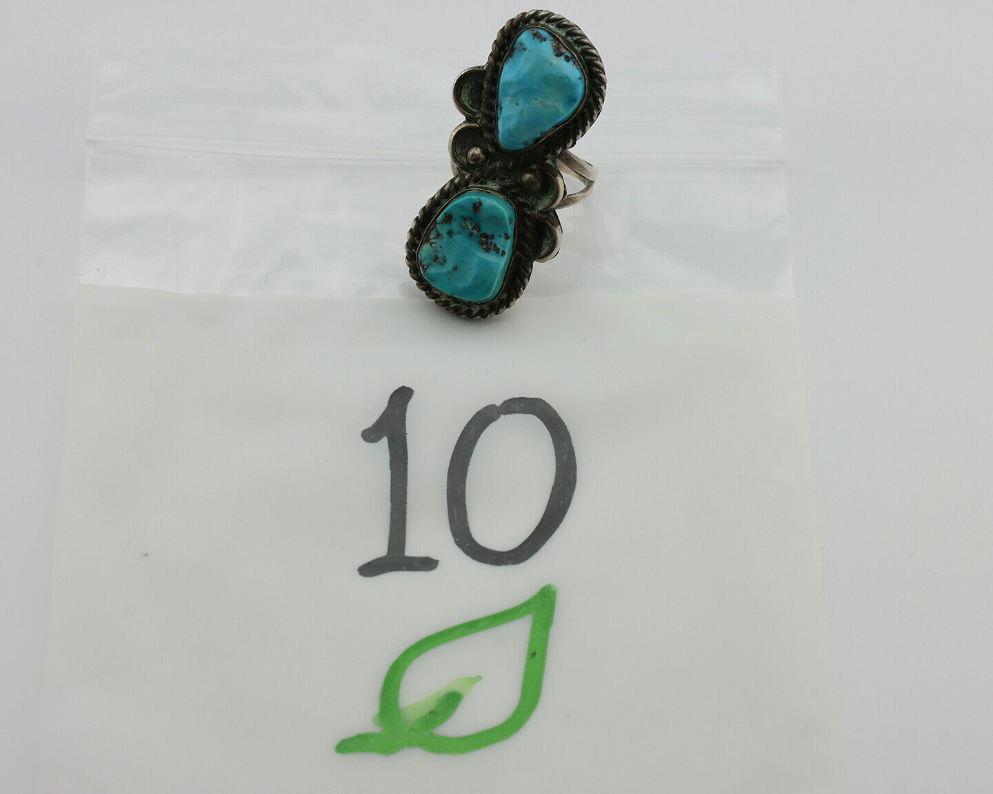Navajo Ring .925 Silver Globe Turquoise Hand Stamped Native American Artist C80s