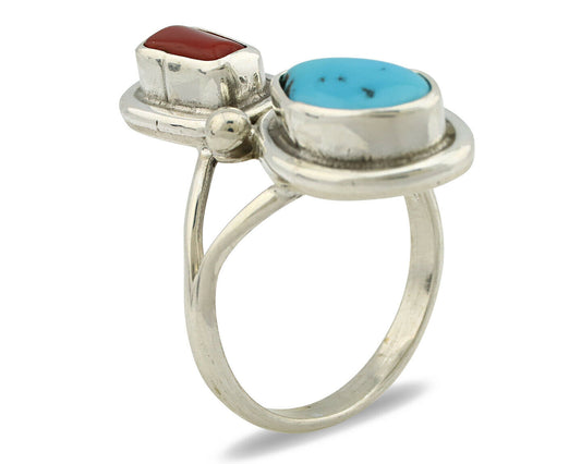 Navajo Ring .925 Silver Blue Turquoise & Red Coral Native American Artist C.80's