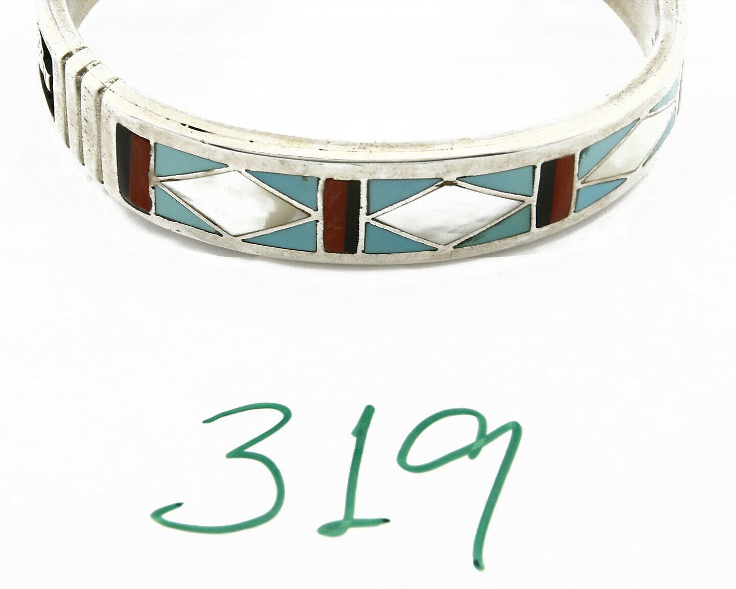 C. 1980's Zuni Inlaid Gemstone .925 Silver Handmade Cuff Bracelet
