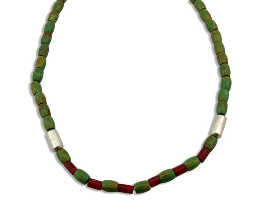 Navajo Necklace .925 Silver Royston Turquoise & Coral C.80's