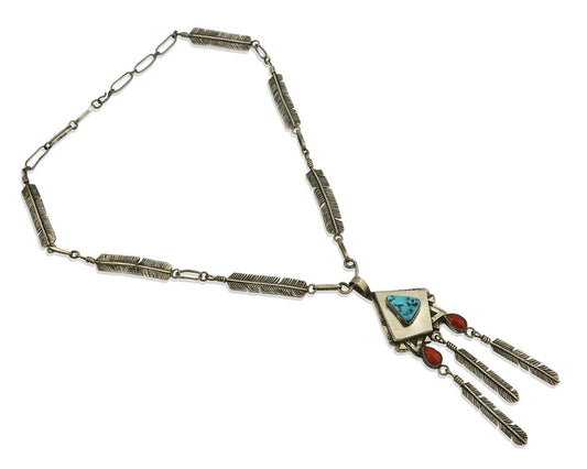 Navajo Necklace .925 Silver Red Coral & Turquoise Signed G C.1977