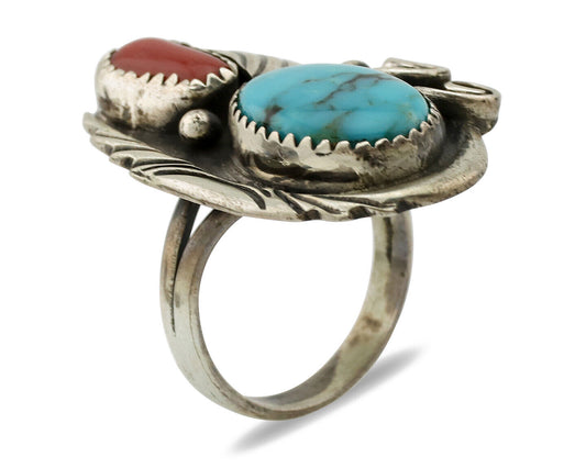 Navajo Ring 925 Silver Turquoise & Coral Artist Signed Native American C.80s