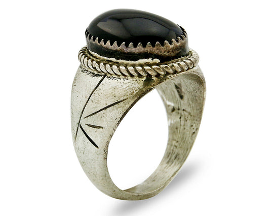 Women's Navajo Ring .925 SOLID Silver Hand Stamped Black Onyx Circa 1980's