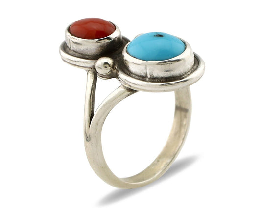 Navajo Handmade Ring 925 Silver Coral & Turquoise Native American Artist C.80's