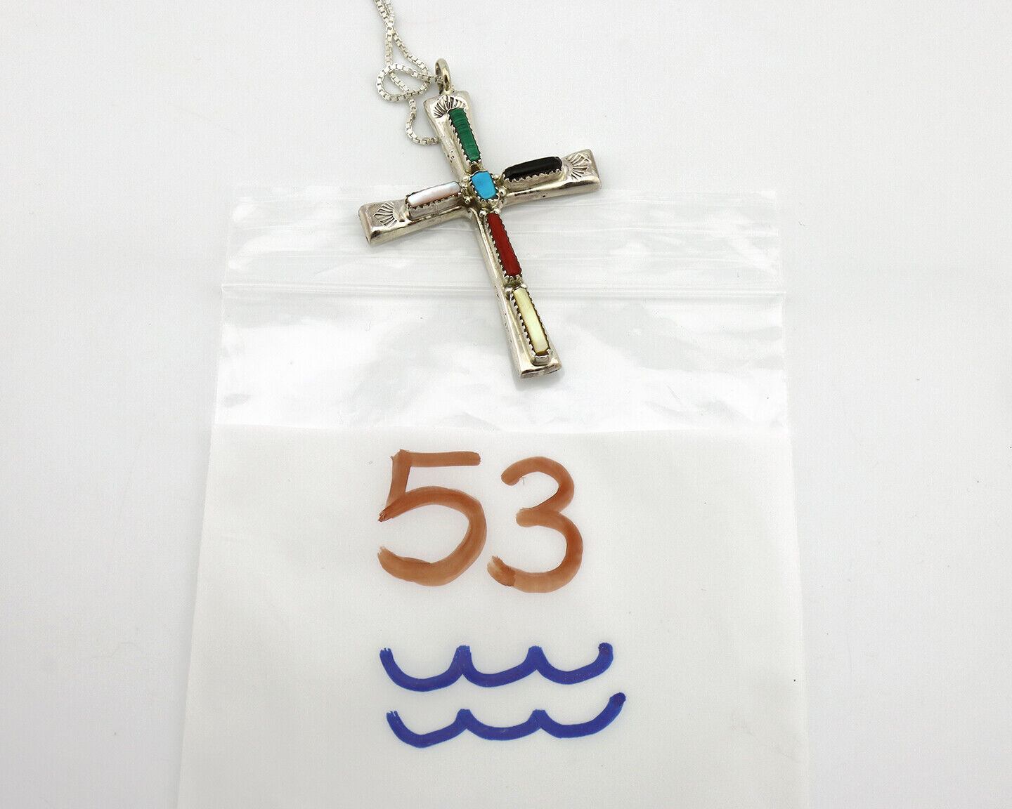 Zuni Handmade Cross Necklace 925 Silver Natural Gemstone Signed L. IULE C.80's