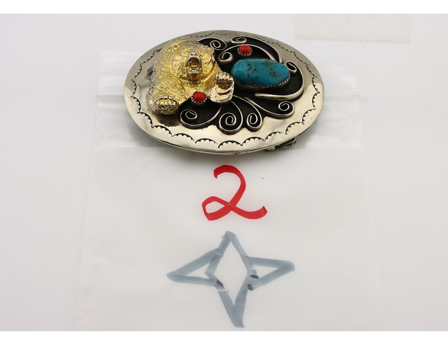 Navajo Eagle Head Belt Buckle .999 Nickle Turquoise & Coral Native Artist C80s